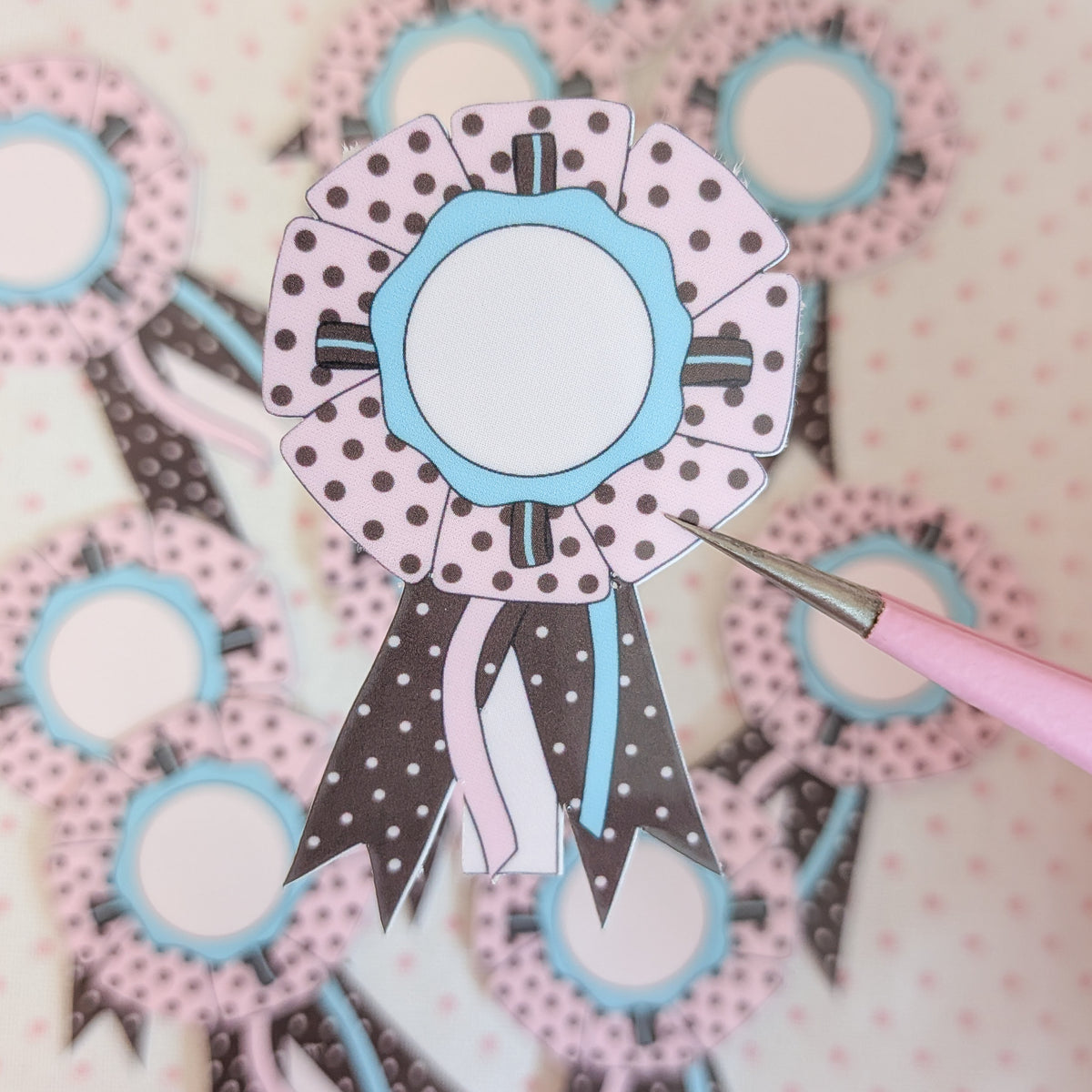 pink, brown, and turqoise rosette ribbon sticker